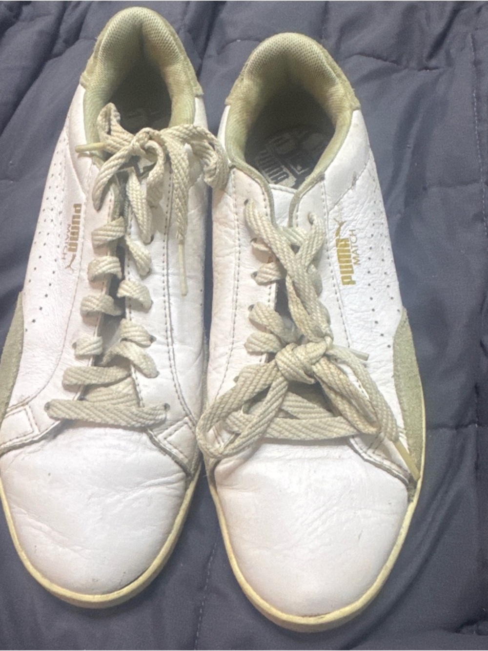 PUMA White and Olive Oil Green-ish gray Leather Sneakers